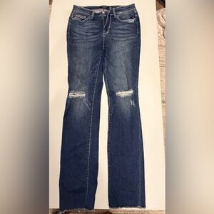 Judy Blue Distressed Straight Leg Jeans - Dark Blue